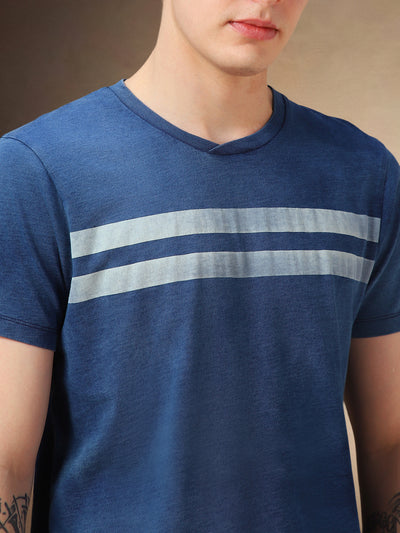 Men's Mid Blue Striped Round Neck Half Sleeves T-shirt