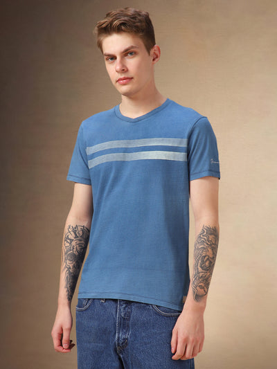 Men's Light Blue Striped Round Neck Half Sleeves T-shirt