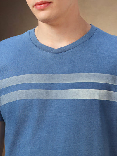 Men's Light Blue Striped Round Neck Half Sleeves T-shirt