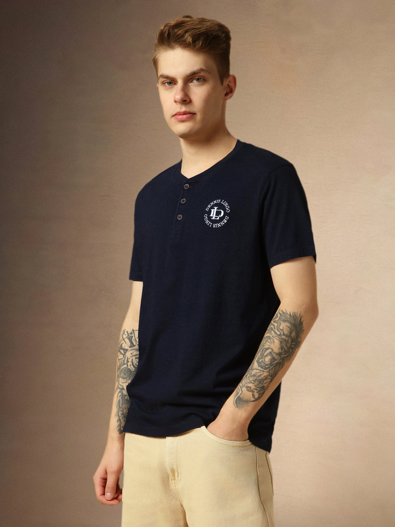 Men's Dark Blue Printed Henley Neck Half Sleeves Regular Fit T-Shirt