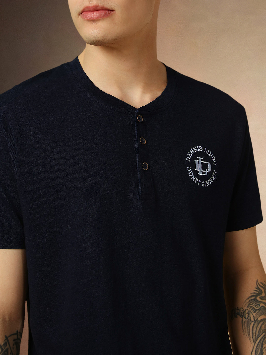 Men's Dark Blue Printed Henley Neck Half Sleeves Regular Fit T-Shirt