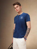 Men's Mid Blue Solid Henley Neck Half Sleeves T-shirt