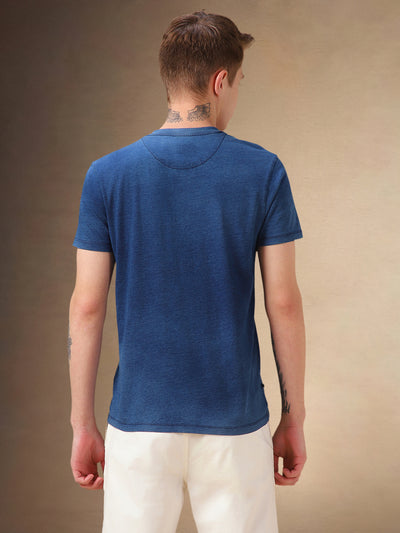 Men's Mid Blue Solid Henley Neck Half Sleeves T-shirt