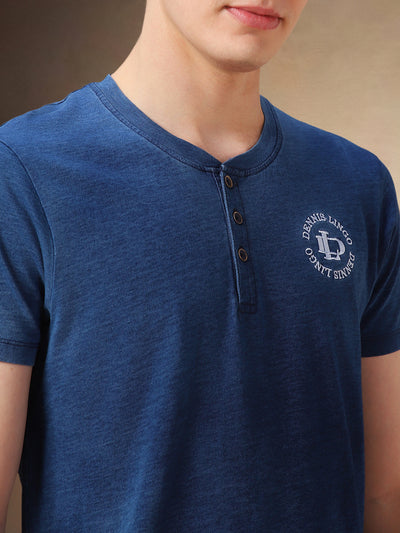 Men's Mid Blue Solid Henley Neck Half Sleeves T-shirt