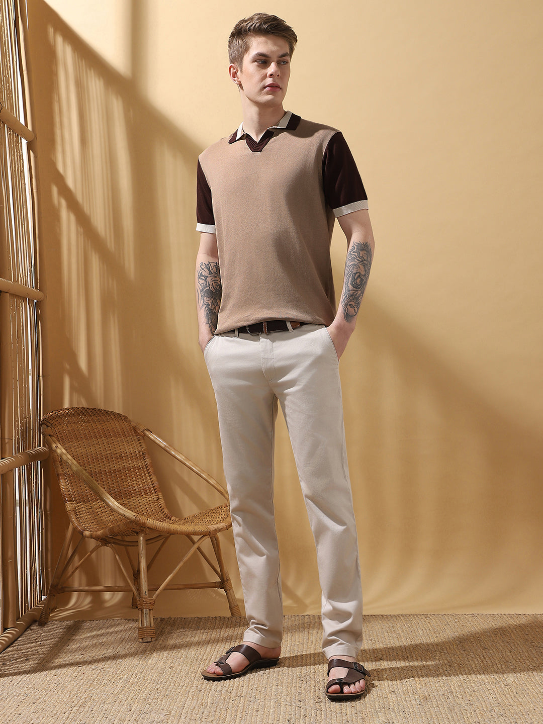 Men's Beige Colorblocked Spread Collar Half Sleeves T-shirt