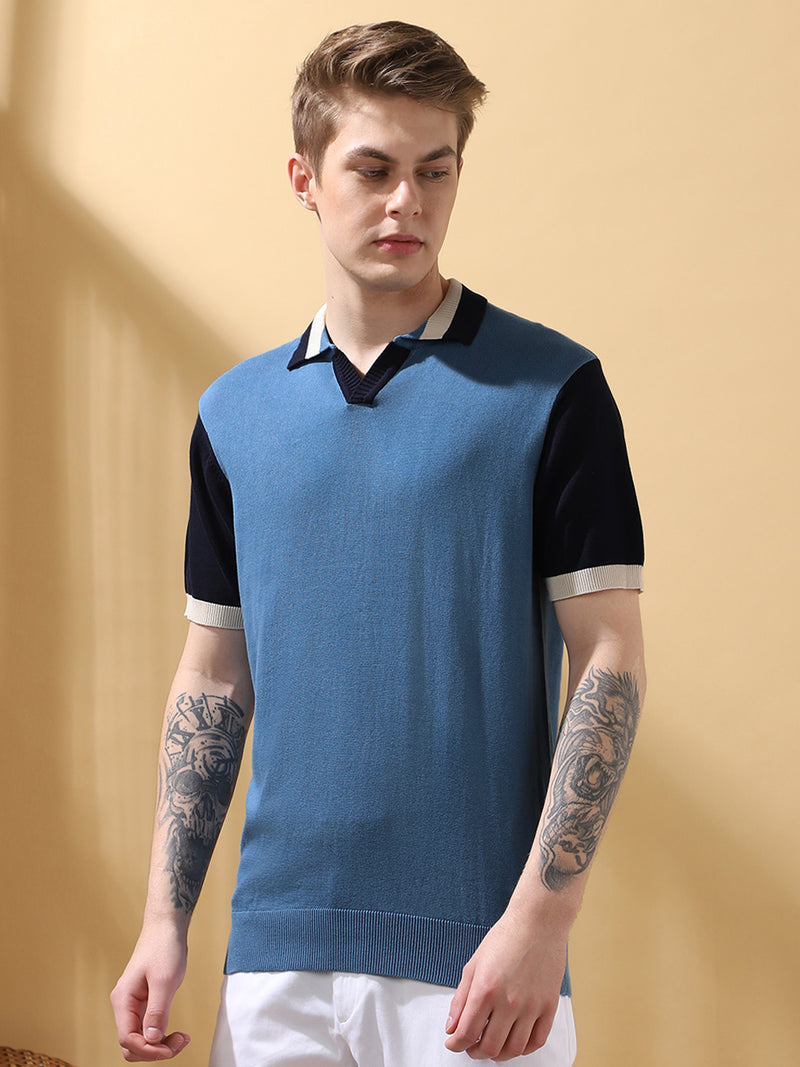 Men's Blue Colorblocked Spread Collar Half Sleeves T-shirt