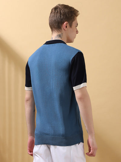 Men's Blue Colorblocked Spread Collar Half Sleeves T-shirt