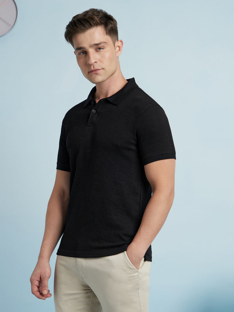 Men Black Solid Polo Collar Half Sleeves T-shirt