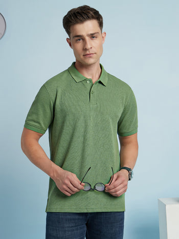 Men Olive Solid Polo Collar Half Sleeves T-shirt