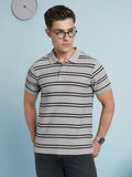 Men Beige Textured Striped Polo Collar Half Sleeves T-shirt