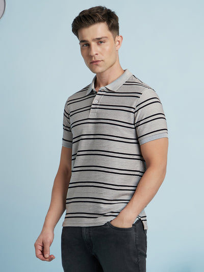 Men Beige Textured Striped Polo Collar Half Sleeves T-shirt