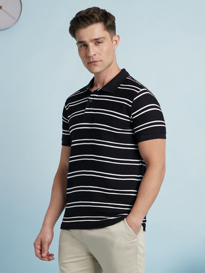 Men Black Textured Striped Polo Collar Half Sleeves T-shirt