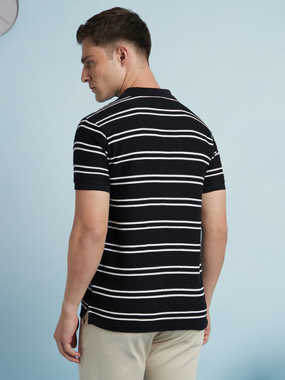 Men Black Textured Striped Polo Collar Half Sleeves T-shirt