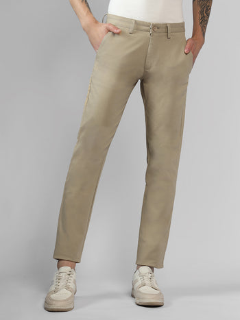 Men's Cream Solid Slim Fit Cargos