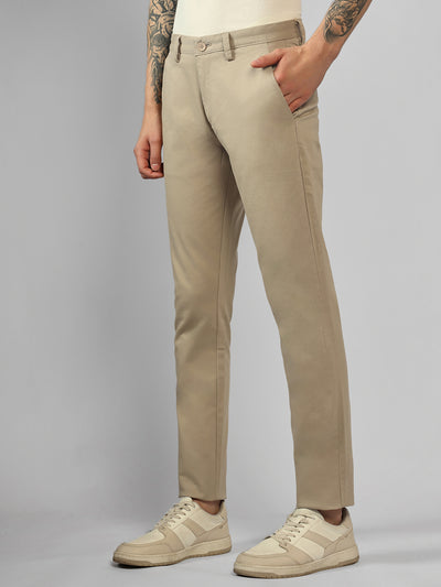 Men's Cream Solid Slim Fit Cargos