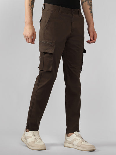 Men's Brown Solid Regular Fit Cargos