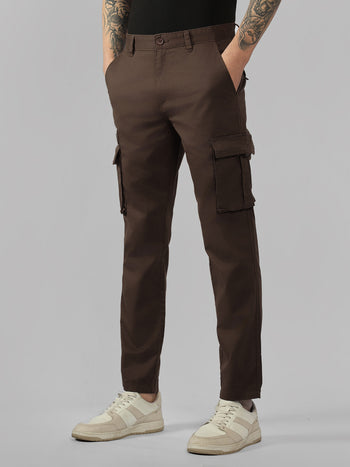 Men's Brown Solid Regular Fit Cargos