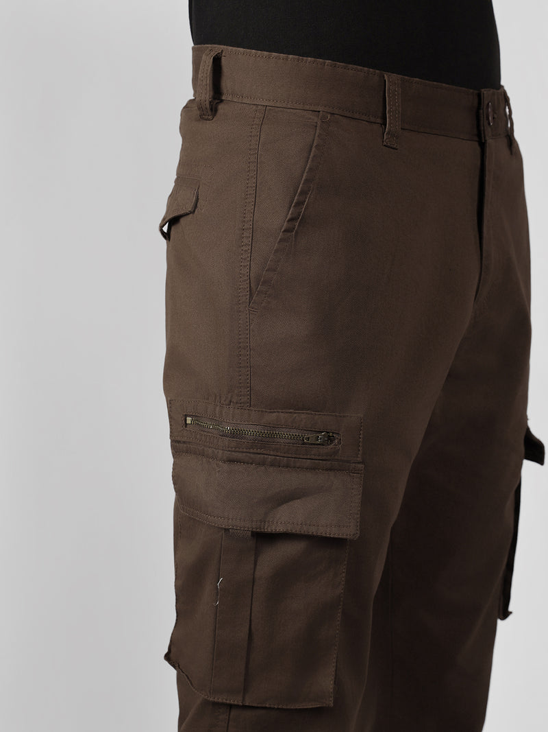 Men's Brown Solid Regular Fit Cargos