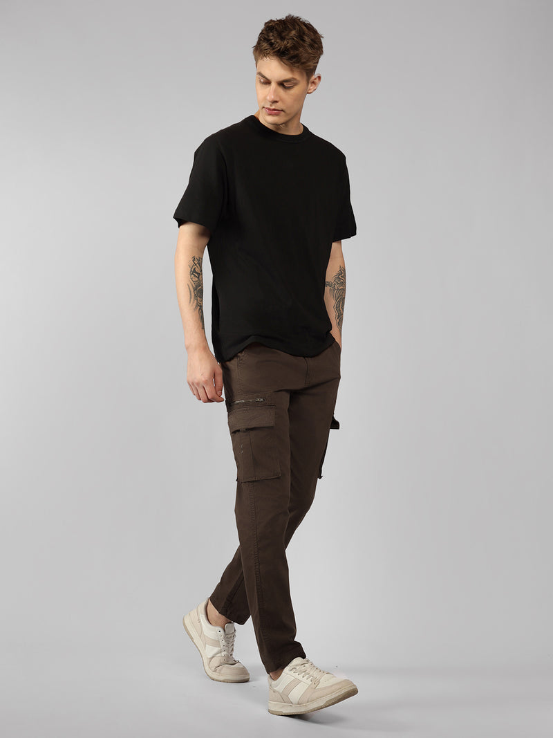 Men's Brown Solid Regular Fit Cargos