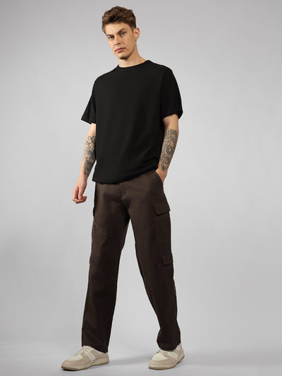 Men's Brown Solid Relaxed Fit Cargos