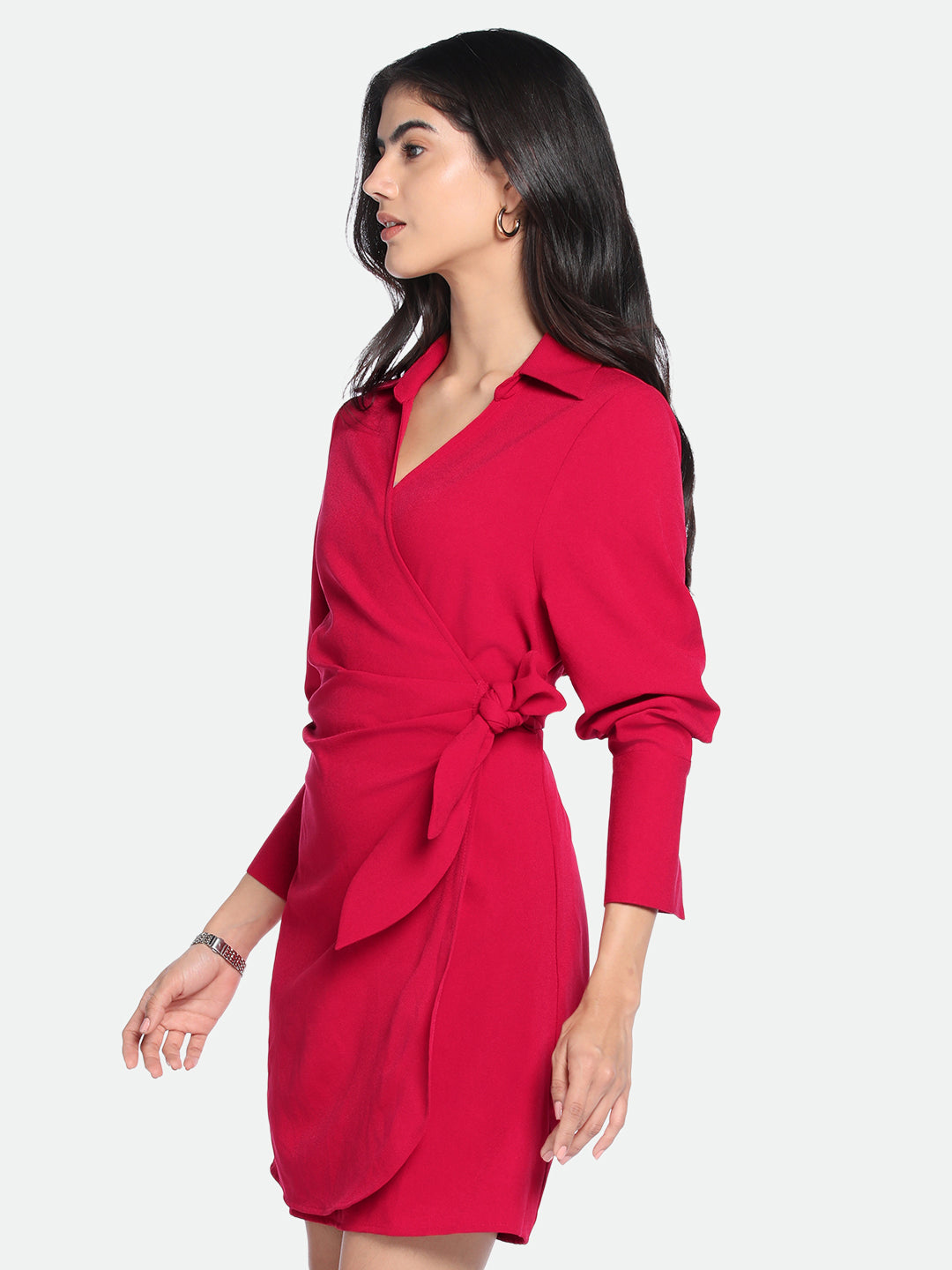 DL Woman V- Neck Regular Fit Solid Red Wrap Dress