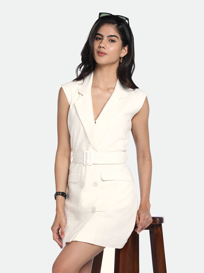 DL Woman V-Neck Regular Fit Solid Off-White Dress