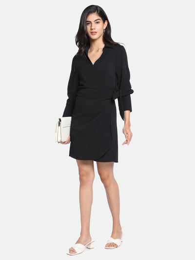 DL Woman V- Neck Regular Fit Solid Black Wrap Dress