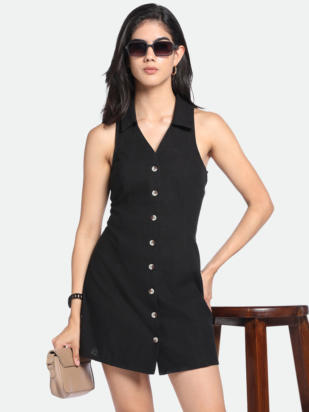 DL Woman V-Neck A-Line Fit Solid Black Dress