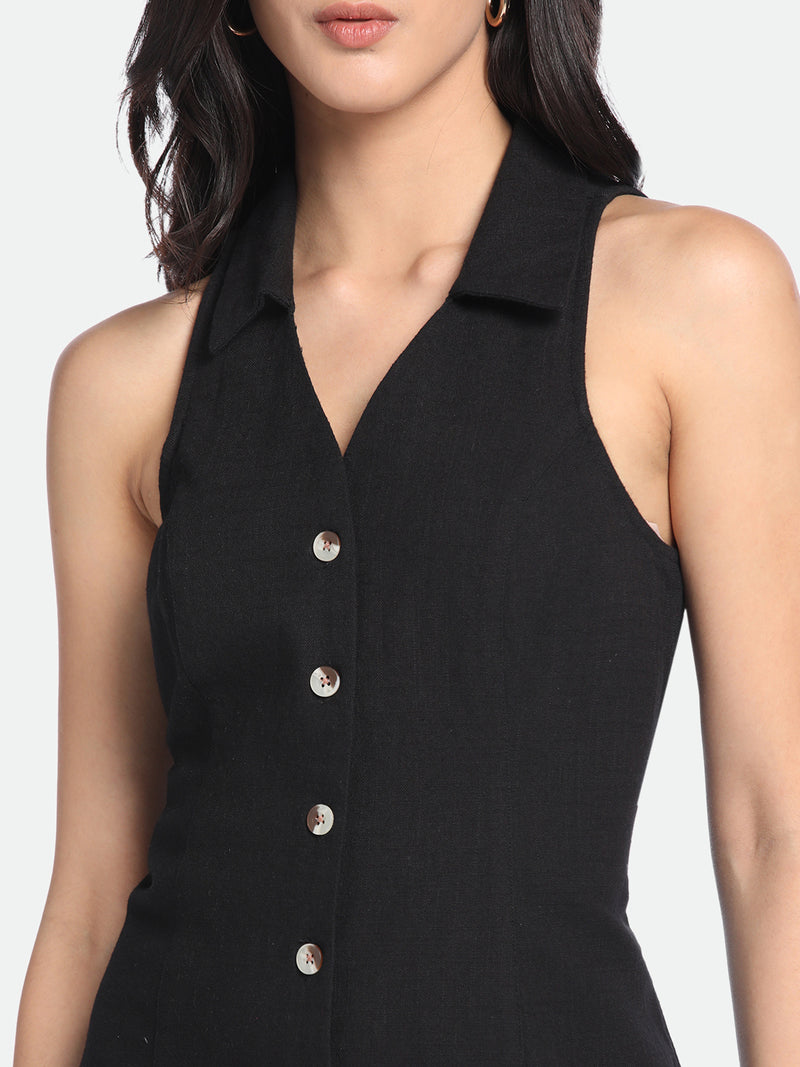 DL Woman V-Neck A-Line Fit Solid Black Dress