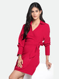 DL Woman V- Neck Regular Fit Solid Red Wrap Dress