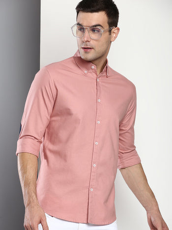 Men's Solid Slim Fit Cotton Oxford Casual Shirt With Button-Down Collar & Full Sleeves