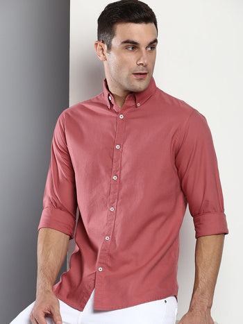 Men's Solid Slim Fit Cotton Oxford Casual Shirt With Button-Down Collar & Full Sleeves