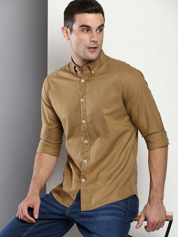 Men's Solid Slim Fit Cotton Oxford Casual Shirt With Button-Down Collar & Full Sleeves