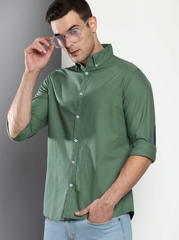 Men's Solid Slim Fit Cotton Oxford Casual Shirt With Button-Down Collar & Full Sleeves