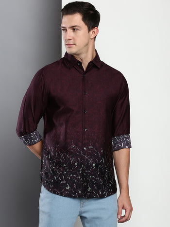 Men's Printed Wine Slim Fit Satin Casual Shirt With Spread Collar & Full Sleeves