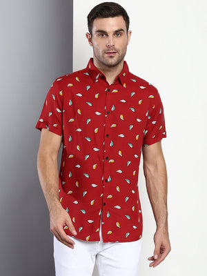 Dennis Lingo Men's Floral Red Slim Fit Rayon Casual Shirt With Spread Collar & Half Sleeves