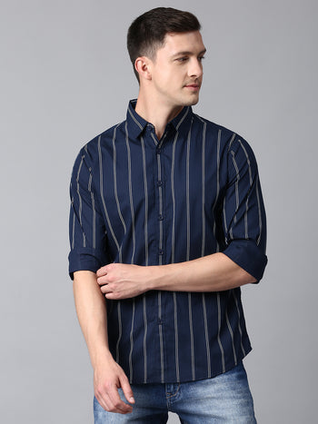 Men's Striped Navy Slim Fit Casual Shirt With Spread Collar