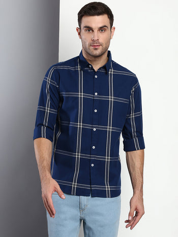 Men's Plaid Blue Slim Fit Cotton Casual Shirt With Spread Collar & Full Sleeves