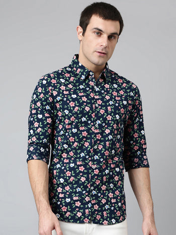 Men's Cotton Printed Blue Slim Fit Casual Shirt