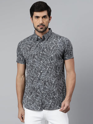 Dennis Lingo Men's Floral Prints Slim Fit Half Sleeves Spread Collar Shirt (Grey)