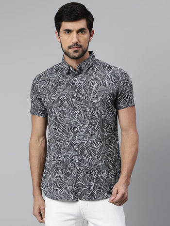 Men's Floral Prints Slim Fit Half Sleeves Spread Collar Shirt (Grey)