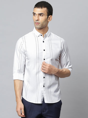 Men's Spread Collar Striped Slim Fit Fulll Sleves Shirts (White)