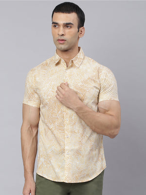 Dennis Lingo Men's Floral Prints Slim Fit Half Sleeves Spread Collar Shirt (Yellow)