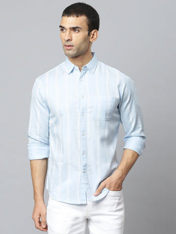 Men's Striped Sky Blue Slim Fit Cotton Casual Shirt