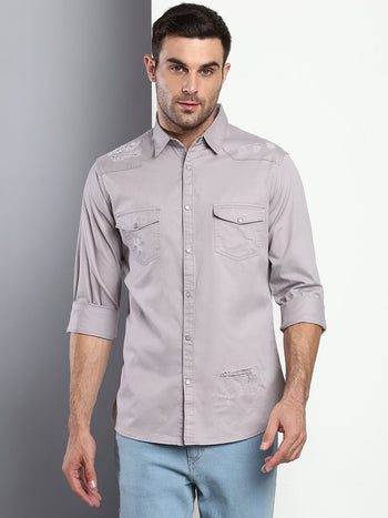 Men's Solid Slim Fit Spread Collar Cotton Casual Shirt Lightgrey