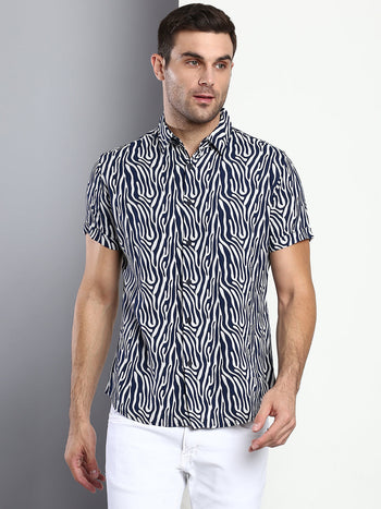 Men's Animal Print Navy Slim Fit Rayon Casual Shirt With Spread Collar & Half Sleeves