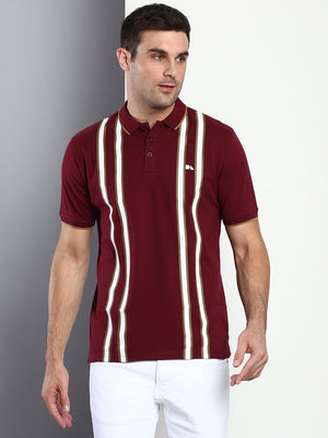 Dennis Lingo Men's Casual Slim Fit Polo Neck T-Shirt Half Sleeves Striped Pure Cotton T-Shirt