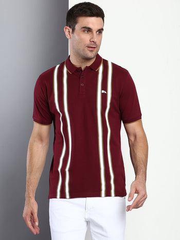 Men's Casual Slim Fit Polo Neck T-Shirt Half Sleeves Striped Pure Cotton T-Shirt