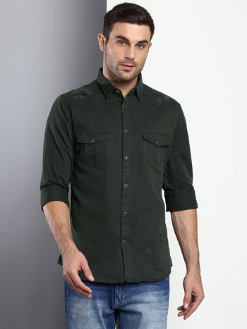 Men's Solid Slim Fit Spread Collar Cotton Casual Shirt Bottlegreen