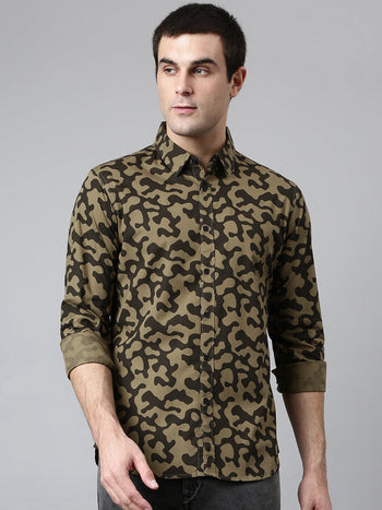 Men's Cotton Printed Brown Slim Fit Casual Shirt